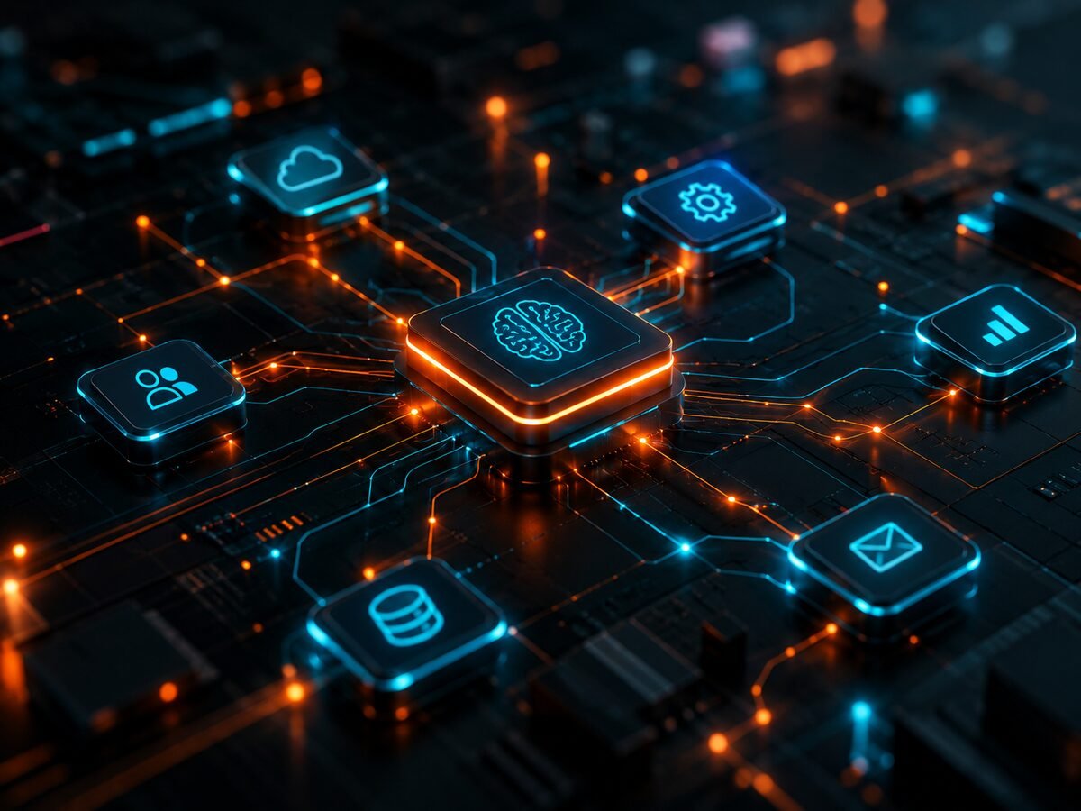 Abstract circuit board visual representing connected AI automation workflows