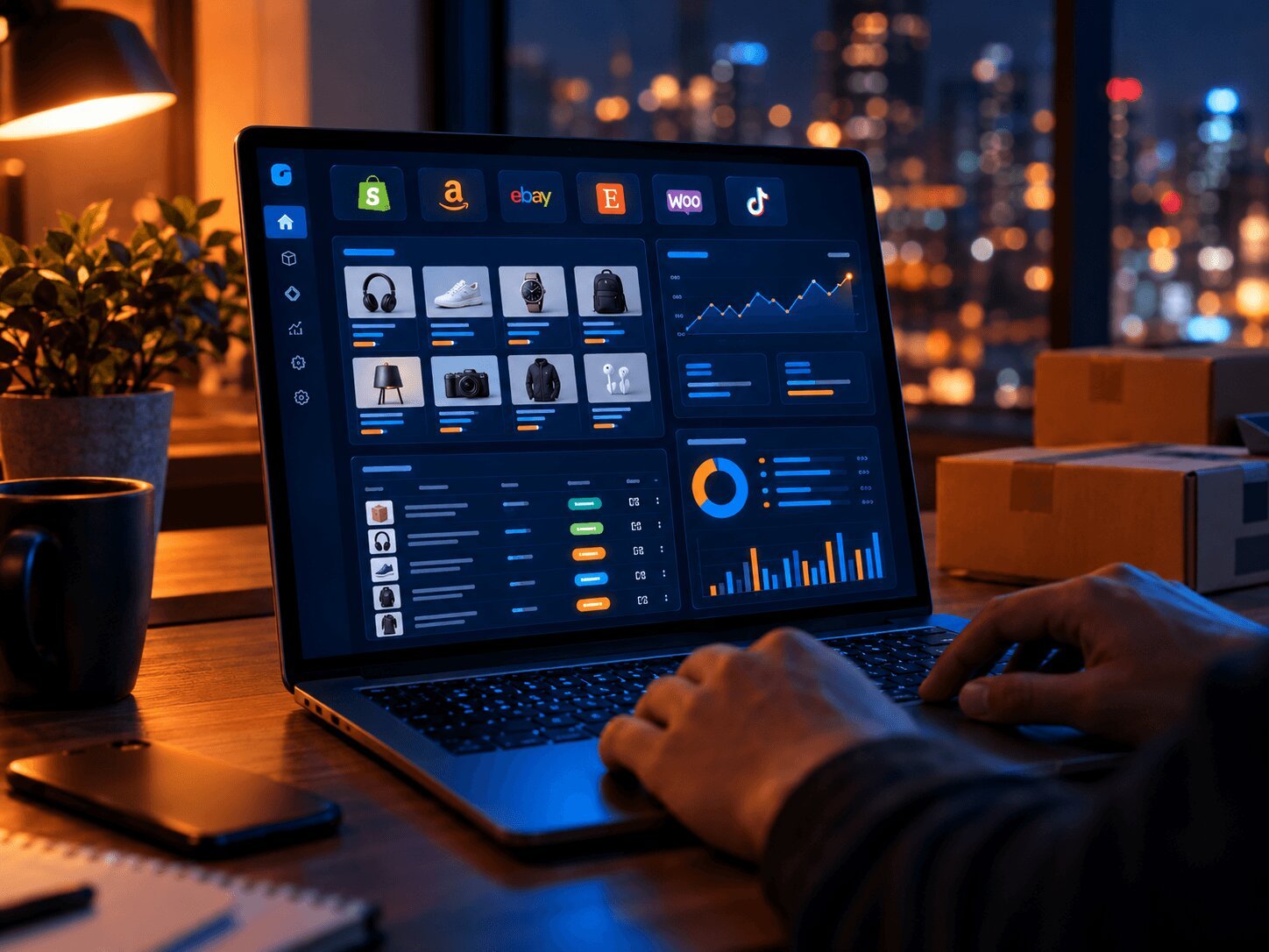 E-commerce dashboard showing store listings, orders, and sales across multiple marketplaces