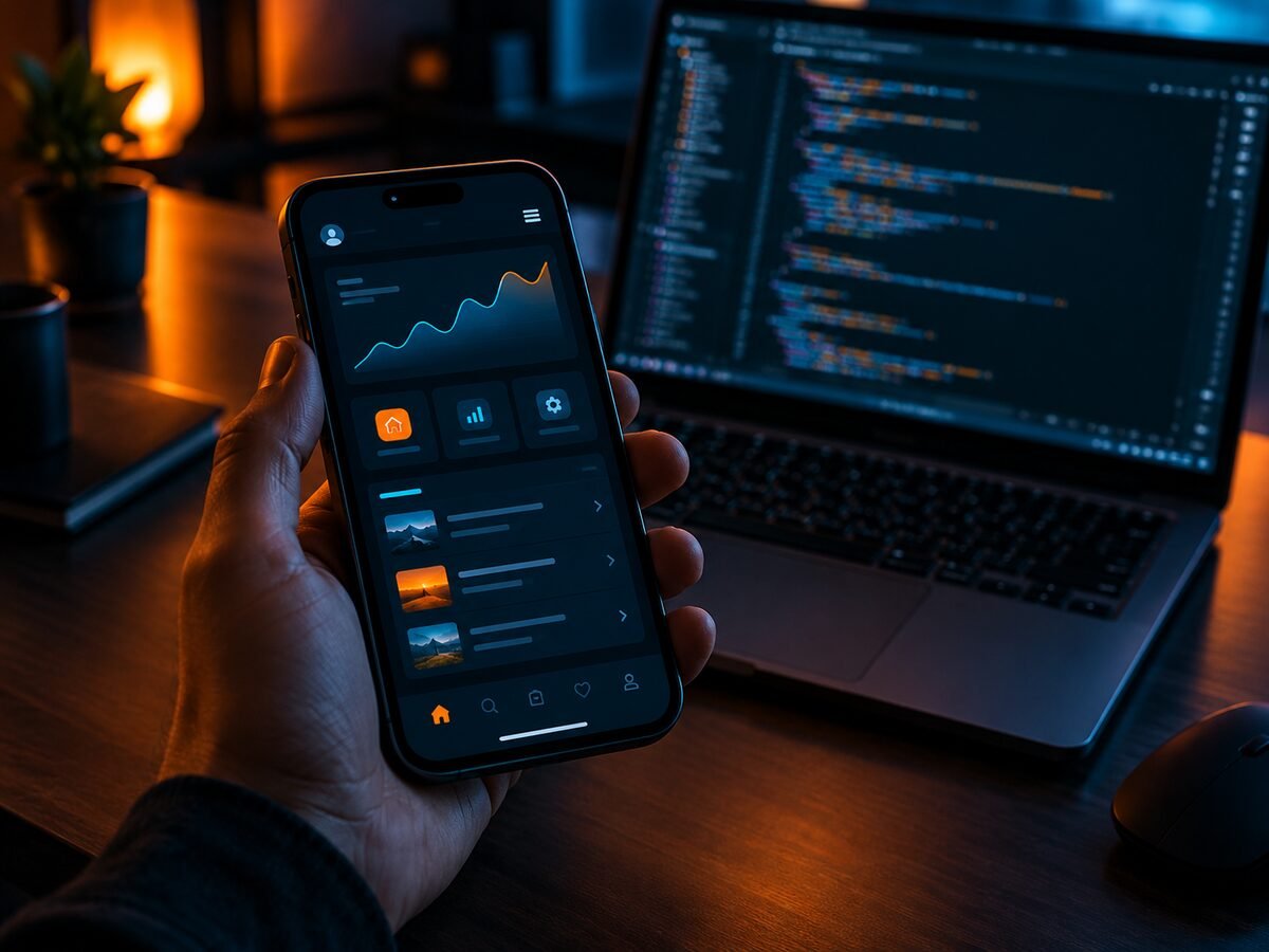 A mobile app interface open on a phone next to a laptop showing code