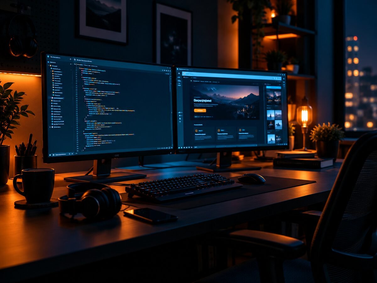Developer workstation with a website interface open on a dual-monitor setup