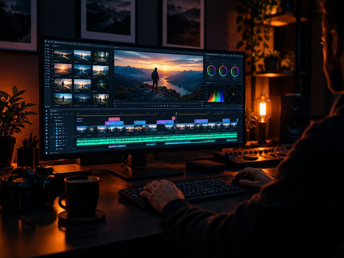 Video editor color-grading footage on a timeline at a professional editing workstation